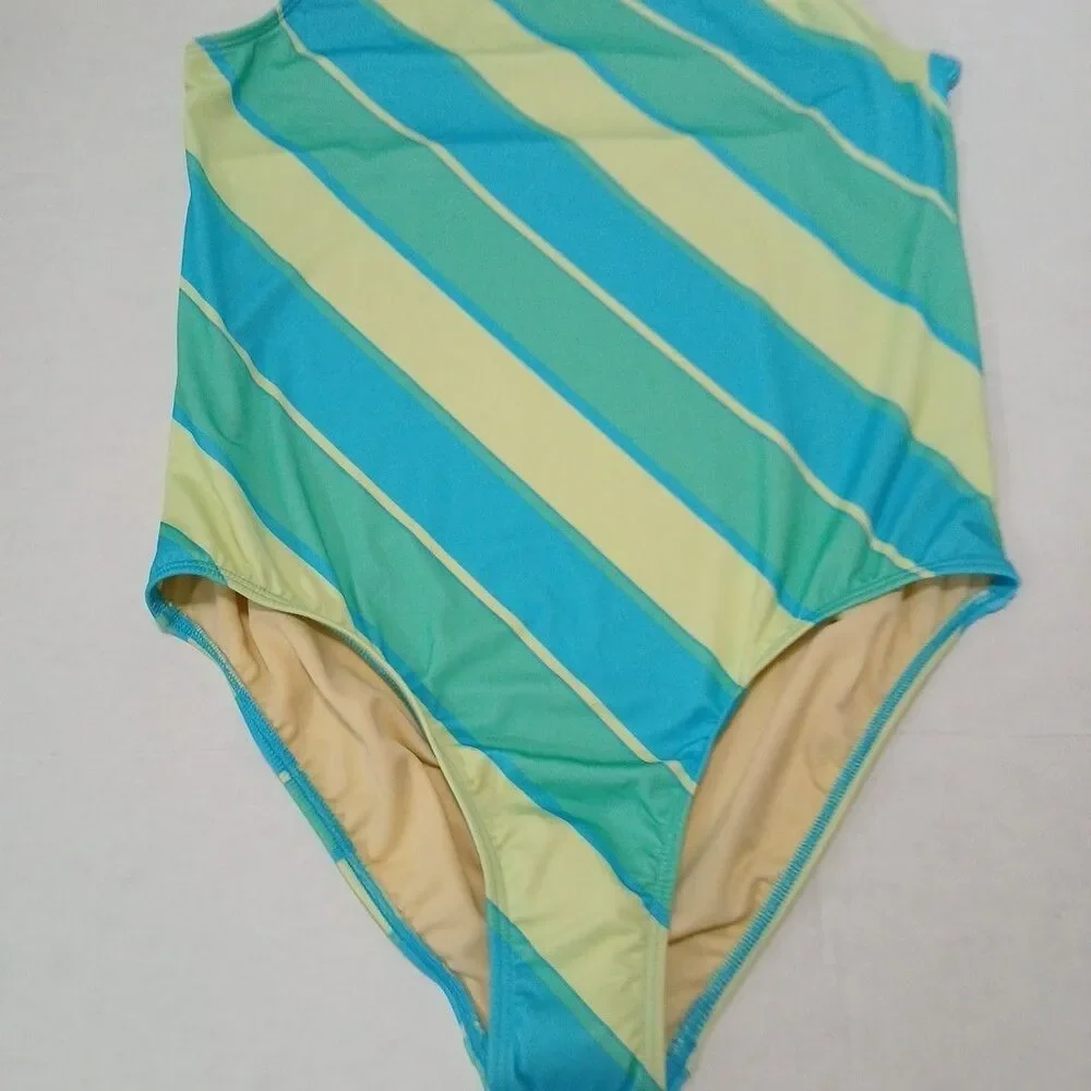 Lands End Girls Xlg (14-16) Chlorine Resistant 1 Pc Strped Swimsuit Multicolor